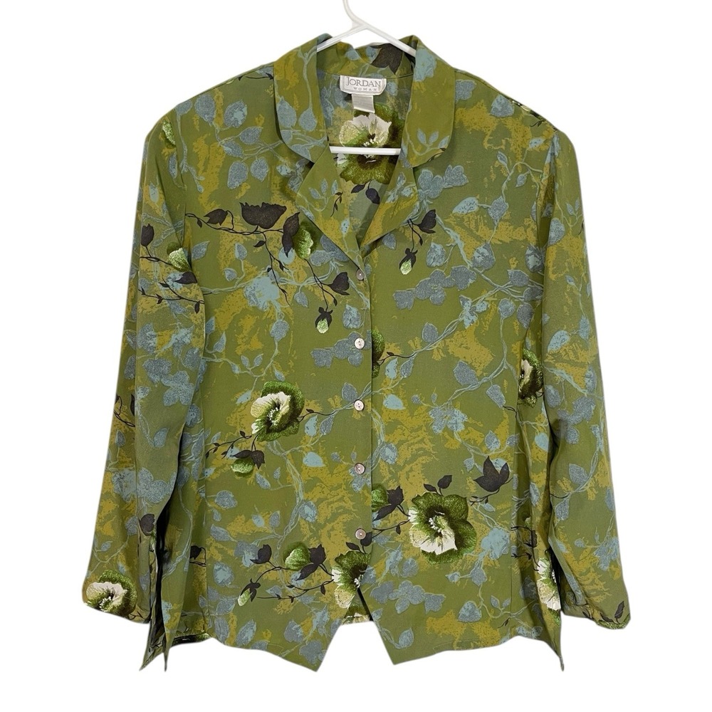 Jordan Woman 16 Green Floral Button Down Shirt Long Sleeve Cottagecore Botanical